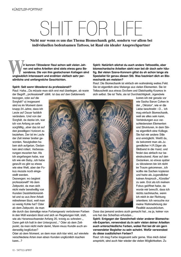 Tattoo Spirit Reportage Shit fore life Tattoo Raul München Biomechanik Meister