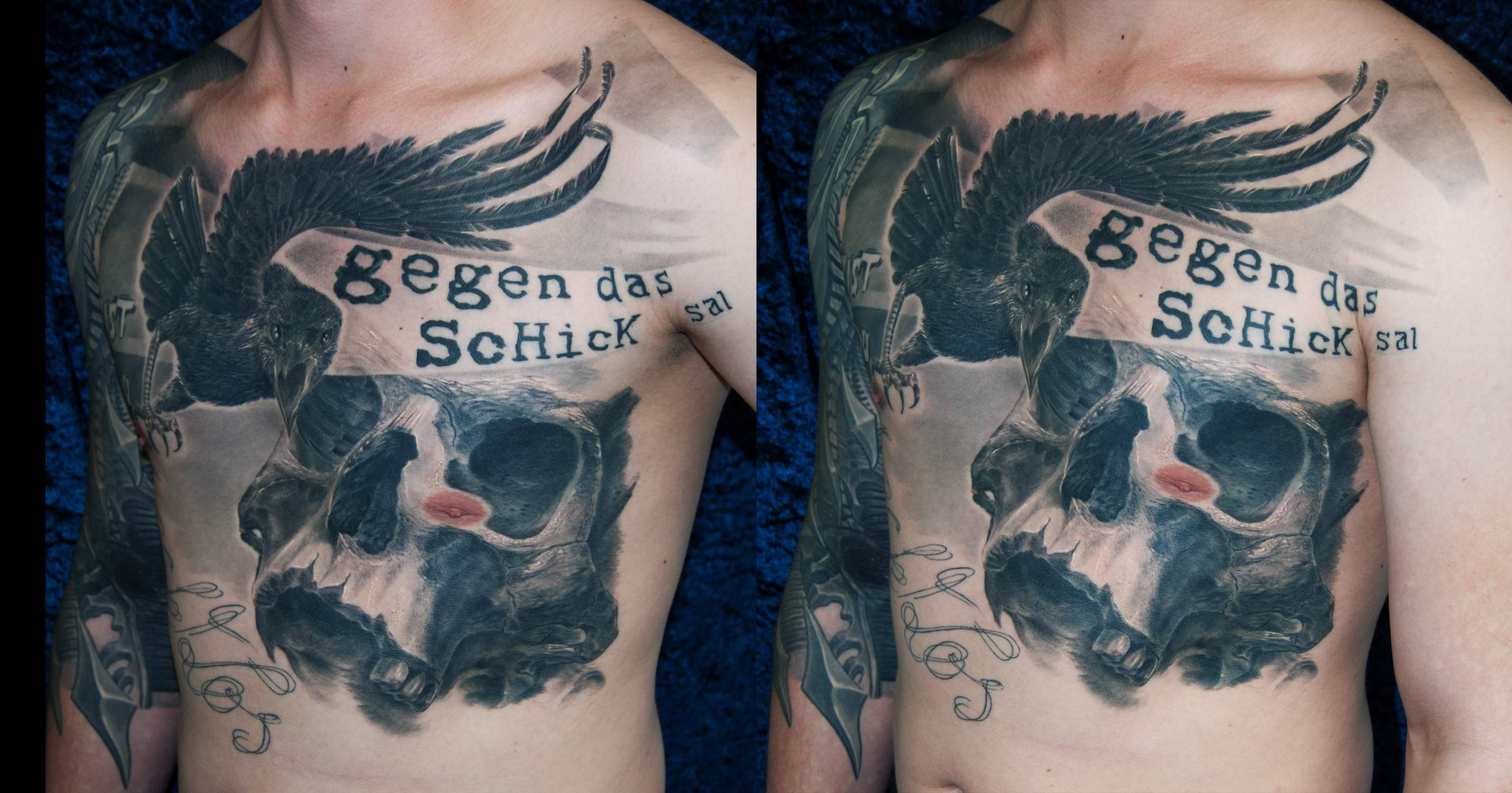 Trash Polka Tattoo Schädel Totenkopf mit Raben " gegen das schicksal bist du machtlos" München beste Empfehlung, keine Termine für Beratung