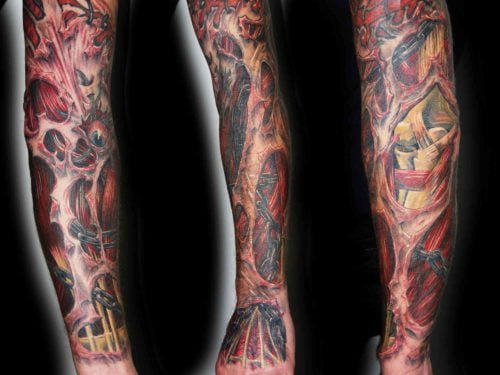 Muskel Muskulatur Unterarm Ketten shit for life hits for life raul München Bayern Deutschland, Biomechanik, asiatische Tattoo, Trash Polka, Black und Grey, Überdeckung Cover Up Spezialist