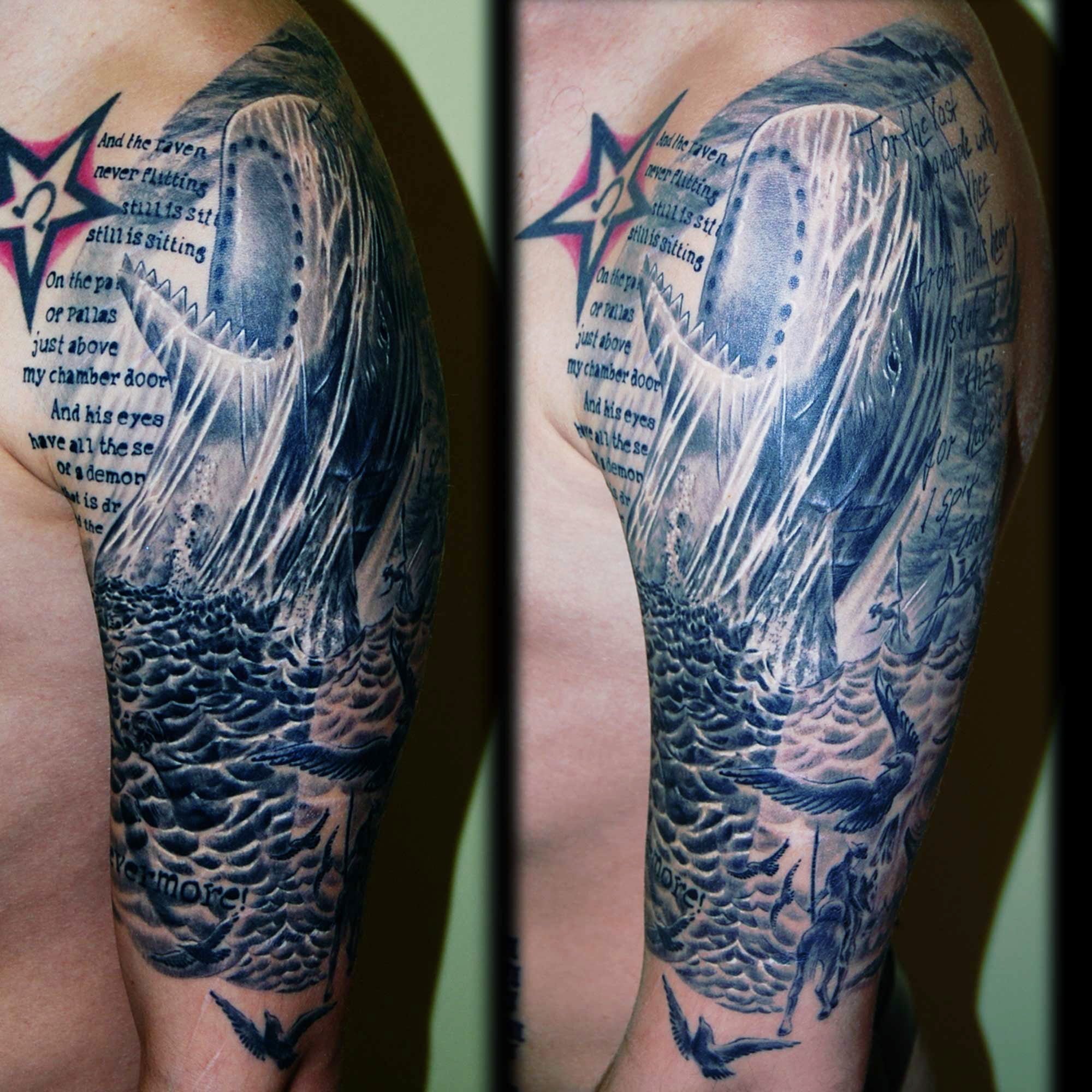 Trash Tattoo mit Moby Dick und Text aus Edgar Allen Poe " der Rabe" München