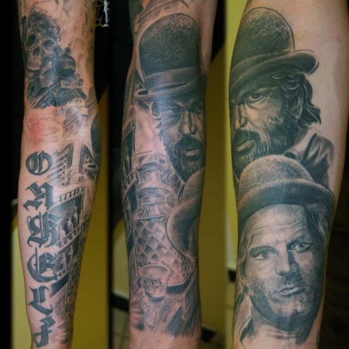 shit for life hits for life raul München Bayern Deutschland, Biomechanik, asiatische Tattoo, Trash Polka, Black und Grey, Überdeckung Cover Up Spezialist Bud Spencer Terrence Hill