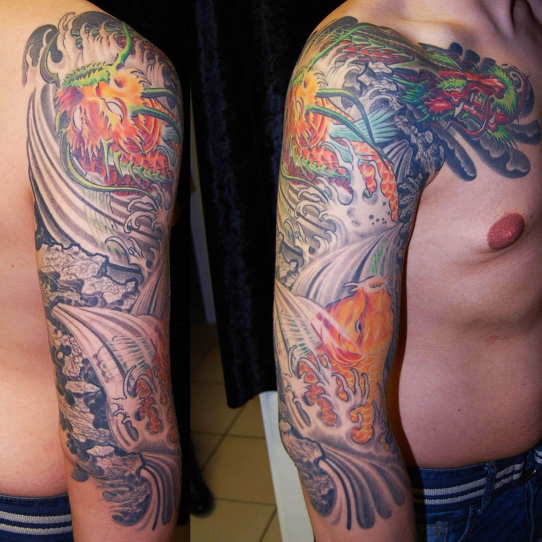 japanisches Fisch zu Drachenfisch zu Drache Tattoo