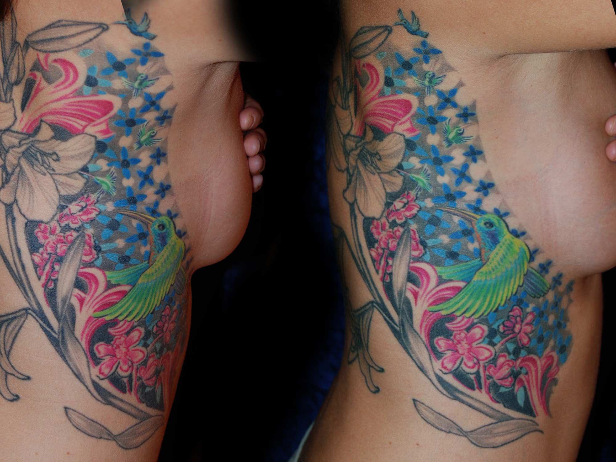 Trash Tattoo Dotwork Kolibri mit Blumen München