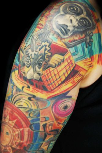 Hits for life tattoo, shit for life tattoo, crazy, cover-up tattoo, Überdeckung, München, Taufkirchen, Raul, Kreativität ist mir ein Graul, Bayern Dali Hundertwasser Affe Hund