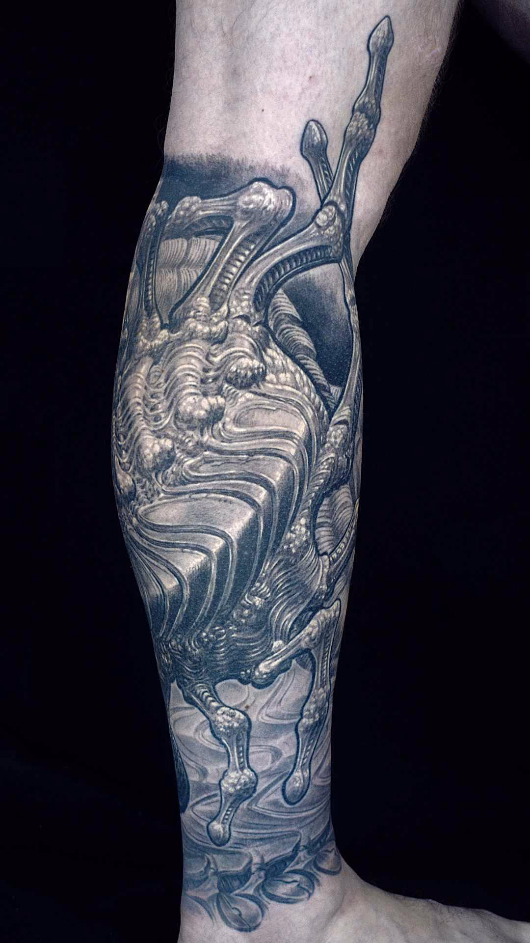 Detailreiche Außenansicht des Unterschenkels mit dem gerippten Körper des Facehuggers im H.R.-Giger-Stil, schattiert in kontrastreichem Schwarz-Grau