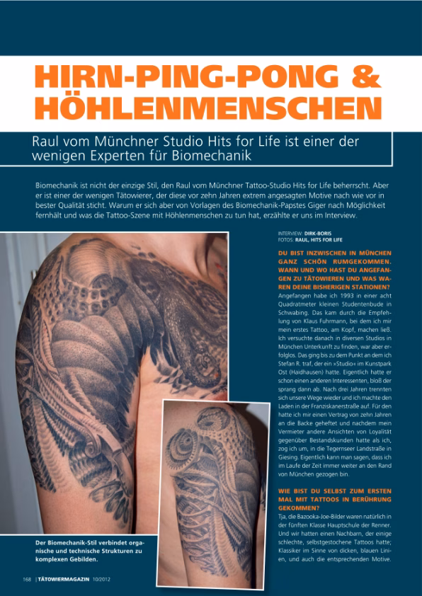 Künstlerische Kontinuität: Raul Beyer Biomechanik Interview Hits for Life im Tätowier Magazin (2012)