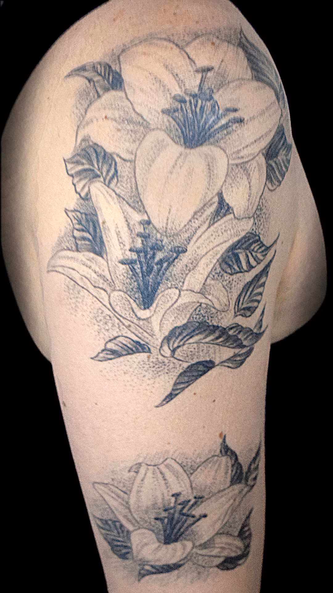 Blumen Tattoo Tattoo-Sleeve am Arm von Roald Beyer: Filigranes Lilien-Blumen-Tattoo am Oberarm im Stippling-Stil, das fließend in ein Wolf-Tattoo mit sanften Schattierungen am Unterarm übergeht