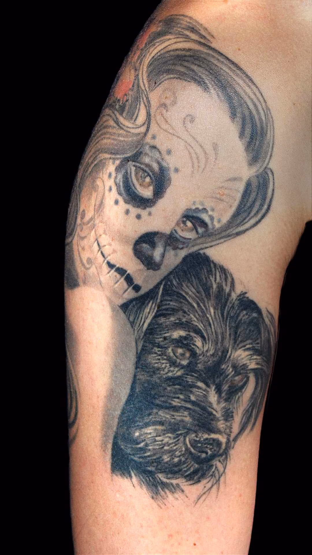 La Catrina day-of-the-dog-tattoo-rauhaardackel-portrait-bizeps-muenchen