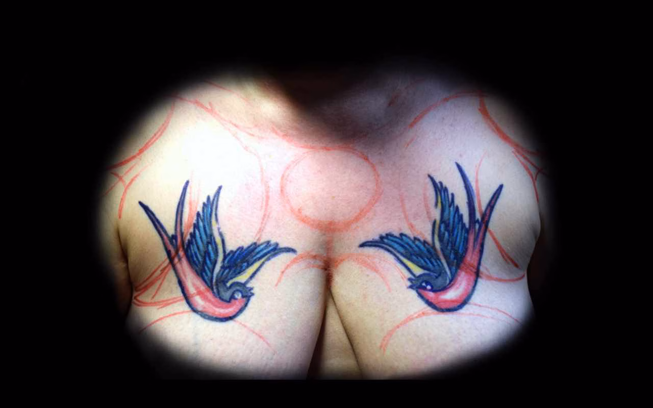 nibelungenhelm-fluegel-cover-up-raul, Komplexes Schwalben Cover-up Tattoo auf dem Brustkorb: Transformation von Oldschool-Schwalben in einen Flügelhelm mit Akanthus-Ornamenten von Raul (ehemals Shit for Life), Interaktiver Vergleich danach und vorher