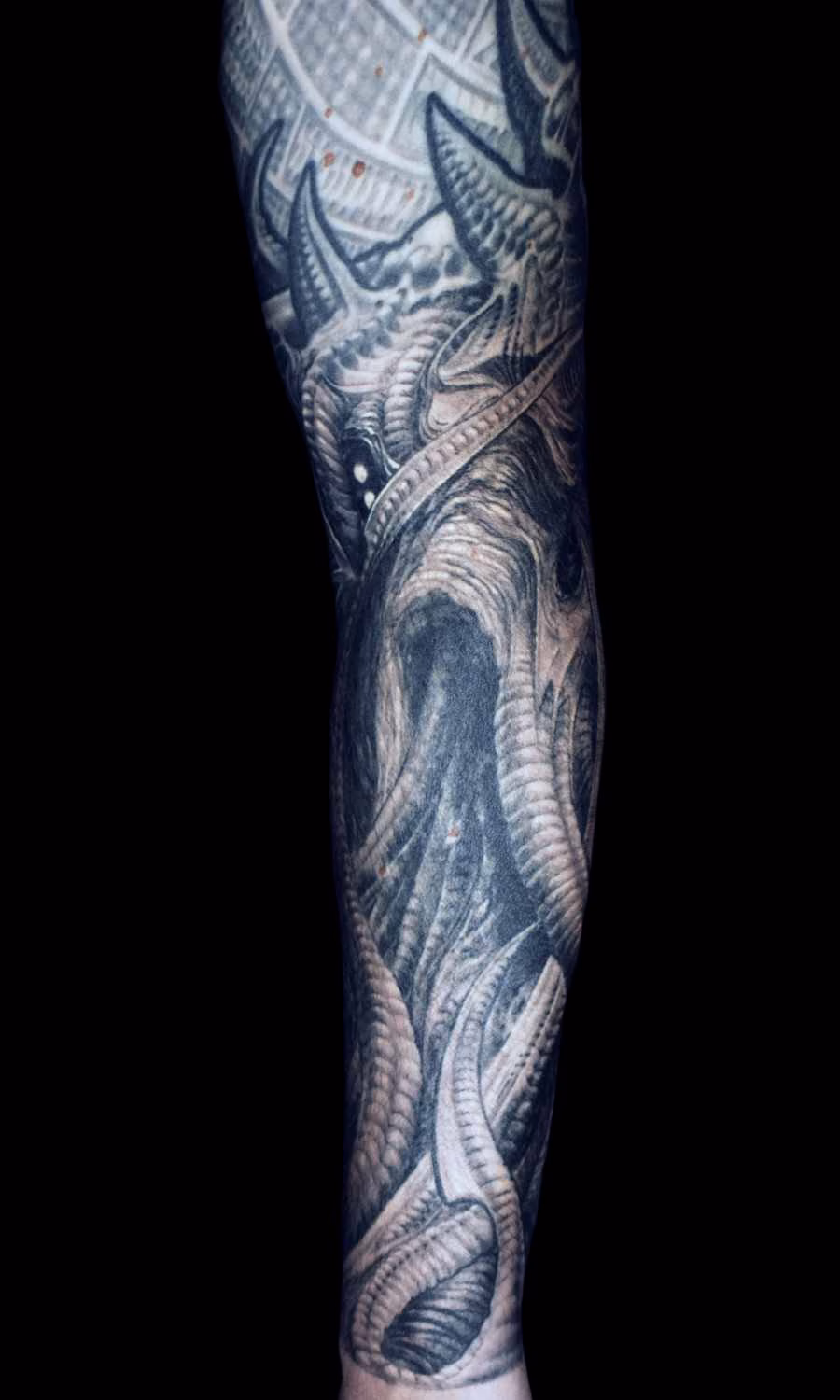 cthulhu-tattoo-unterarm-Gesicht und Mundpartie mit uebergang-oberarm-zacken Cthulhu Custom Tattoo am Handgelenk und Unterarm mit Gesicht und Mundbereich der Kreatur, mit Fokus auf die Anbindung an die Zacken des alten Oberarm-Tattoos