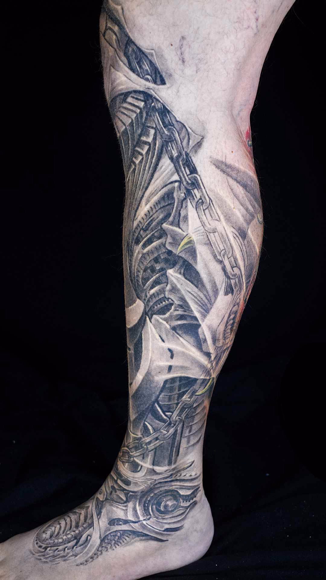 Biomechanik Leg Sleeve Biomechanik Leg Sleeve Detailansicht: Gelenkmechanik und organische Kettenteile am linken Außenknöchel ohne störende Lichtreflexe