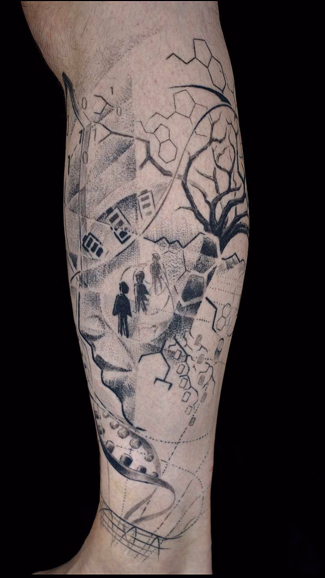 Stippling Gesicht Alien Augen Kinder-Silhouetten im Tunnel DNA Dotwork Tattoo Unterschenkel: Übergang vom Stippling-Gesicht zum Gehirn-Baum und Molekül-Netzwerk